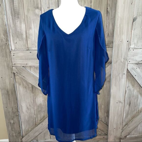 Luxology Navy Blue Sheer Flutter Sleeve Dress - Picture 1 of 9